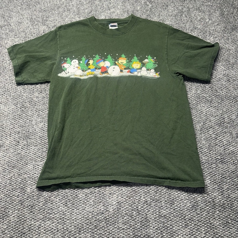 Peanuts Gang Christmas Carol Tree Snowman Green T-Shirt Charlie Brown Snoopy M